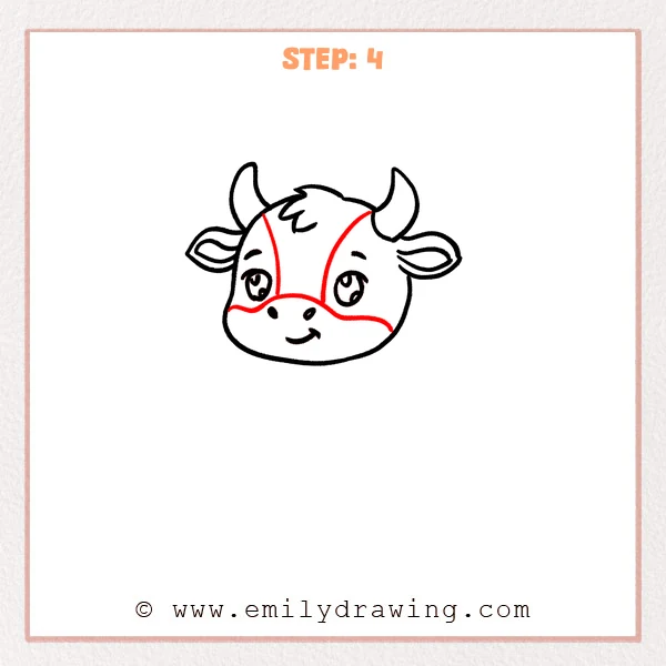 how to draw a cartoon bull - Cartoon bull head with added facial markings, including a central stripe and a wavy line defining the muzzle area.